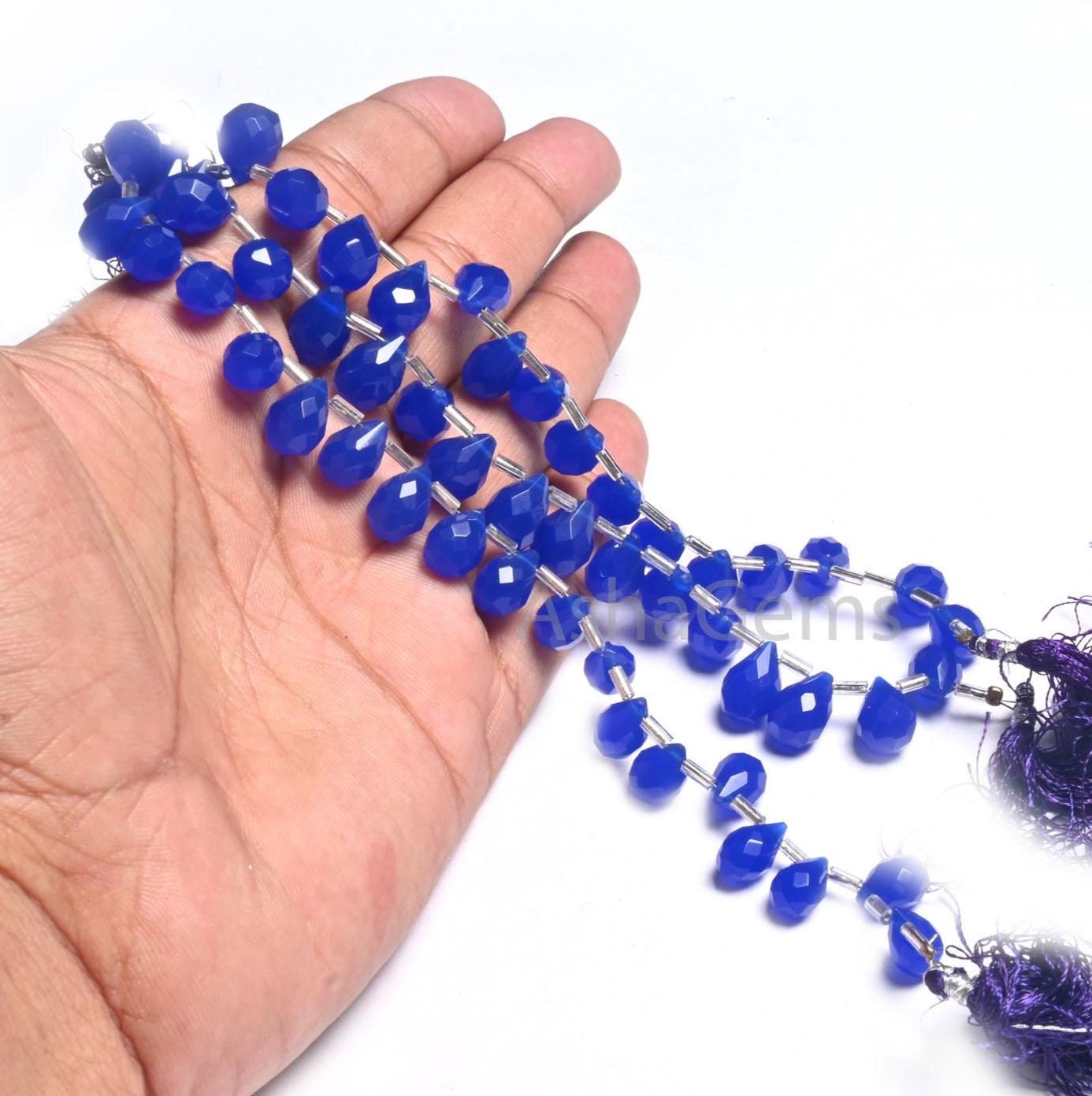Beautiful Blue Chalcedony Color Hydro faceted Drops Side Drill Beads,7" AAA Royal Blue Hydro Faceted Teardrop Briolette Beads Jewelry Crafts (AG 18746)