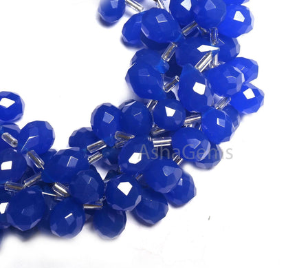 Beautiful Blue Chalcedony Color Hydro faceted Drops Side Drill Beads,7" AAA Royal Blue Hydro Faceted Teardrop Briolette Beads Jewelry Crafts (AG 18746)