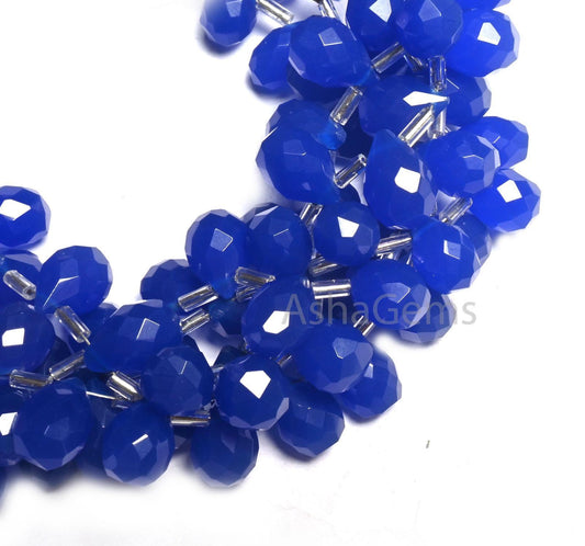 Beautiful Blue Chalcedony Color Hydro faceted Drops Side Drill Beads,7" AAA Royal Blue Hydro Faceted Teardrop Briolette Beads Jewelry Crafts (AG 18746)