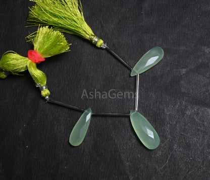 Beautiful Light Green Chalcedony Fancy Long Pears faceted Bead,3piece AAA Chalcedony Teardrop Briolette Side Dril Gemstone Bead Jewelry SALE(AG 18751)
