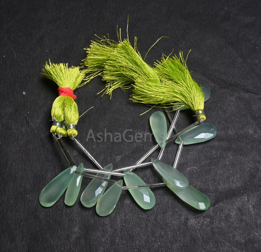 Beautiful Light Green Chalcedony Fancy Long Pears faceted Bead,3piece AAA Chalcedony Teardrop Briolette Side Dril Gemstone Bead Jewelry SALE(AG 18751)