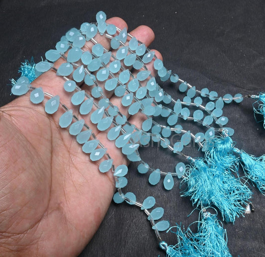 AAA Aqua Chalcedony Hydro Faceted Drops Beads,6.5" Aqua Blue Color Quartz Hydro Teardrop Briolette Side Drill bead Jewelry making Craft SALE (AG 18749)