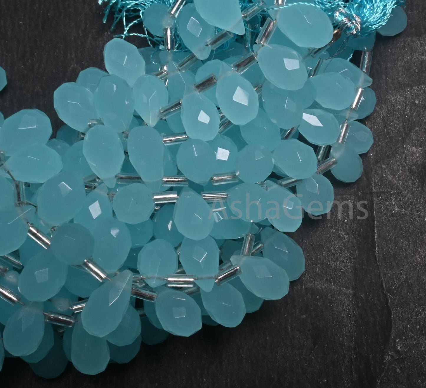 AAA Aqua Chalcedony Hydro Faceted Drops Beads,6.5" Aqua Blue Color Quartz Hydro Teardrop Briolette Side Drill bead Jewelry making Craft SALE (AG 18749)