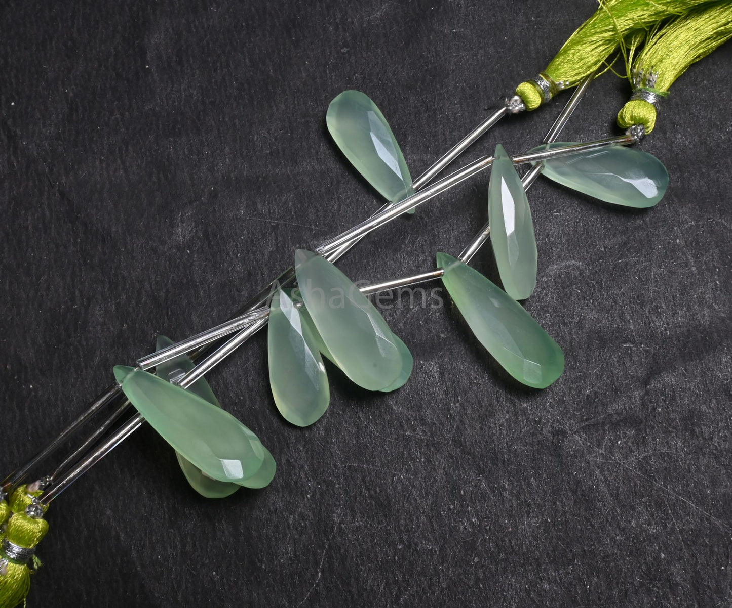 Beautiful Light Green Chalcedony Fancy Long Pears faceted Bead,3piece AAA Chalcedony Teardrop Briolette Side Dril Gemstone Bead Jewelry SALE(AG 18751)