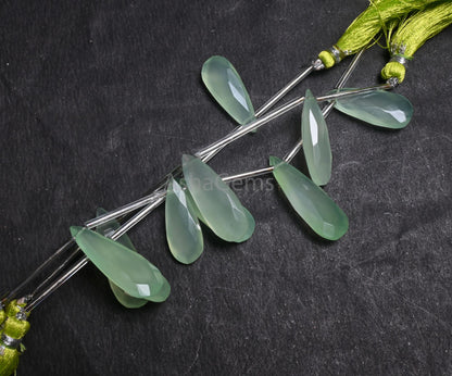 Beautiful Light Green Chalcedony Fancy Long Pears faceted Bead,3piece AAA Chalcedony Teardrop Briolette Side Dril Gemstone Bead Jewelry SALE(AG 18751)
