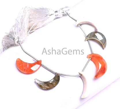 Natural Mix Gemstone Carved Half Moon Crescent Gemstone Beads, Multi Stone Disco Faceted Half Moon Carving Disco Fancy Beads Jewelry Crafts(AG 18917)