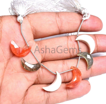 Natural Mix Gemstone Carved Half Moon Crescent Gemstone Beads, Multi Stone Disco Faceted Half Moon Carving Disco Fancy Beads Jewelry Crafts(AG 18917)