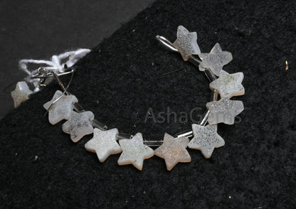 Natural Drusy fancy Star Shape Carving Gemstone Beads, Beautiful White Agate Druzy Carved Star Side Drill Bead For Jewelry Making Craft SALE(AG 18859)