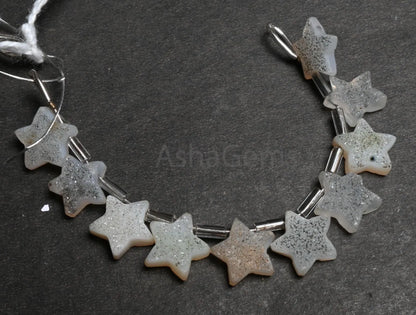 Natural Drusy fancy Star Shape Carving Gemstone Beads, Beautiful White Agate Druzy Carved Star Side Drill Bead For Jewelry Making Craft SALE(AG 18859)