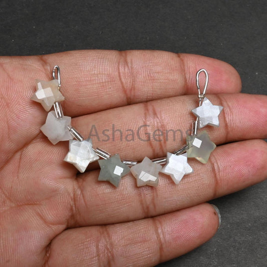 Natural white moonstone + Sea Green Chalcedony Carving star shape Gemstone beads,9-10 mm Multi Stone Carved star faceted beads Jewelry Craft (AG 18875)